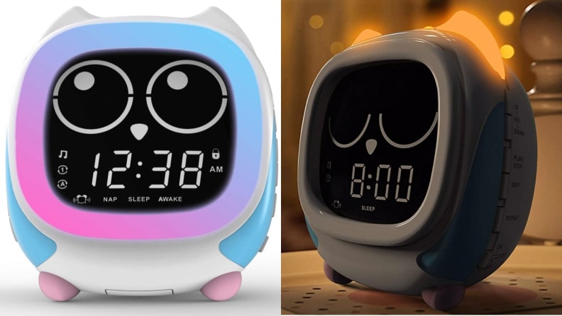 Süßer Eule-Wecker mit offenem oder geschlossenem Blick, je nach Schlafphase.