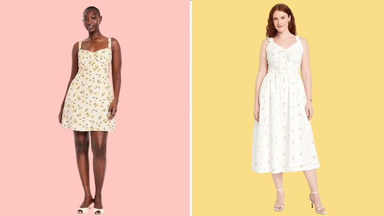 Zwei Frauen in sommerlichen Kleidern – eine in einem kurzen gelben Kleid vor rosa Hintergrund, die andere in einem weißen Midi-Kleid vor gelbem Hintergrund.