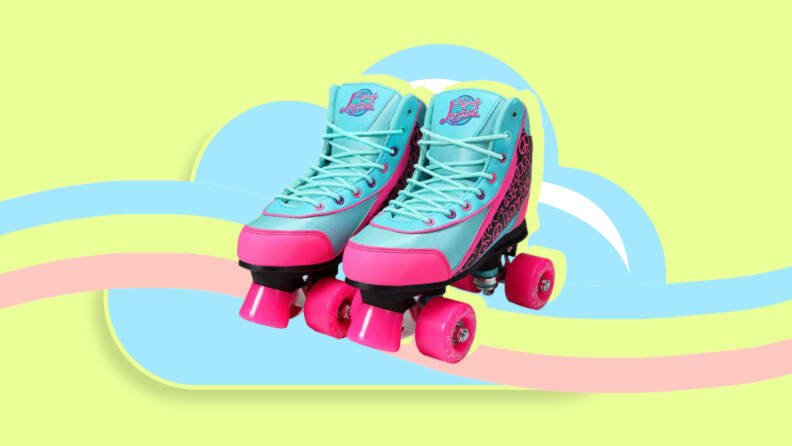 Ein Paar blaue und pinke Rollschuhe auf einem Regenbogen.