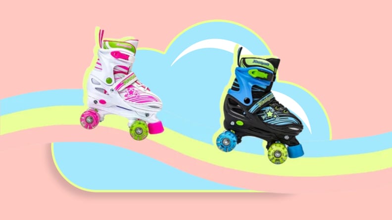 Zwei Rollschuhe auf einem Regenbogen.