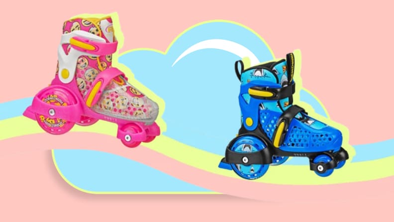 Ein rosa und ein blauer Rollschuh auf einem Regenbogen.