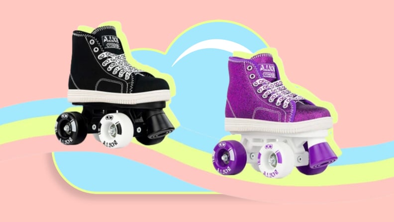 Schwarz und lila Rollschuhe in Regenbogenfarben.